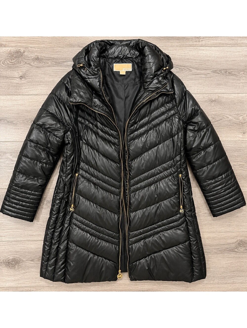 Michael Kors Women’s 2X Black Puffer Coat Hooded Gold Hardware Long Jacket